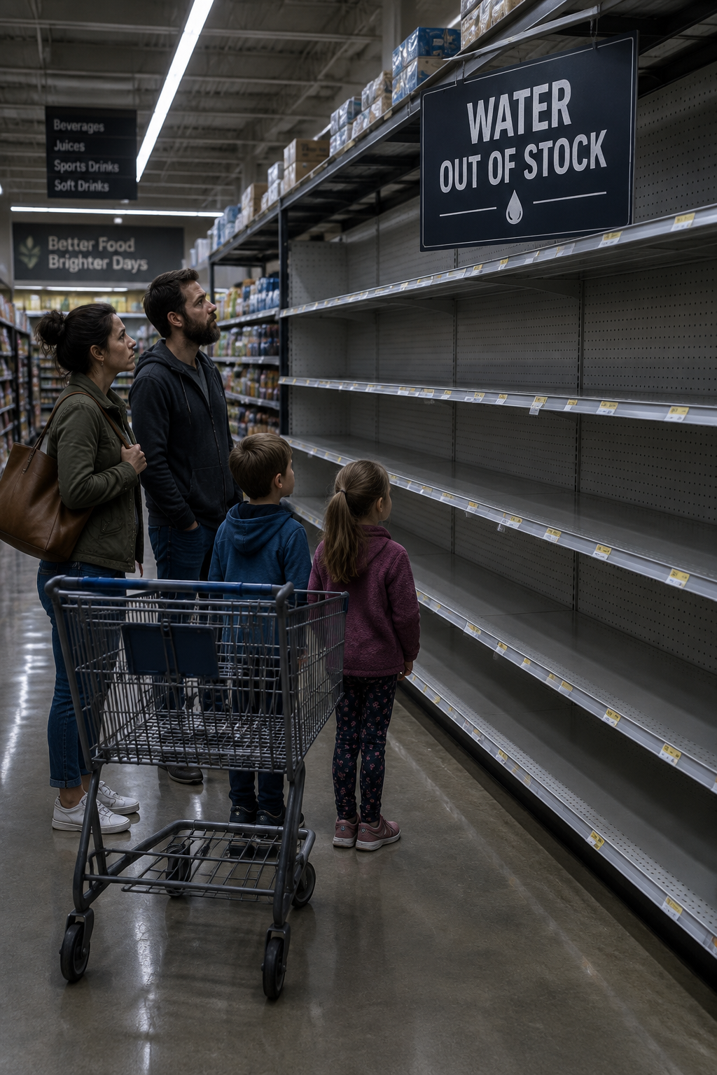 A family staring at empty supermarket shelves with a 'Water out of stock' sign